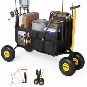 Beach Fishing Cart, 300 lbs Load Capacity, Foldable Fishing Cart with Heavy-Duty Carbon Steel Frame, 11-Inch All-Terrain Tires, 8 Rod Holders, Strap