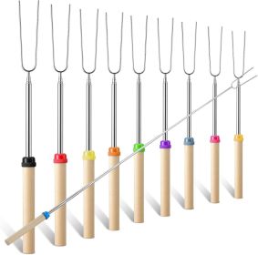 Marshmallow Roasting Sticks Set, 10PCS with Random Colors, Extendable and Reusable Marshmallow Stick, 32IN, Wood Handle