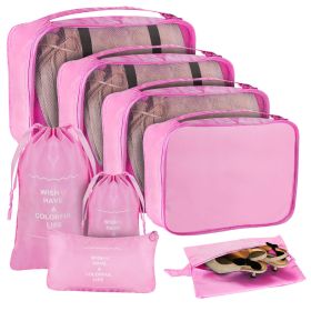 8Pcs Clothes Storage Bags Travel Luggage Organizers Set Water-Resistant Clothing Packing Cubes w/ Shoes Bag for Blouse Hosiery Stocking Underwear (Option: Pink)