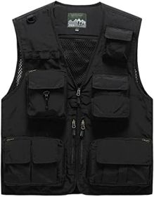 Mens 3 Solid Color Plaid Vests Zip Placket Waterproof Coats (Color: BLACK-3XL)
