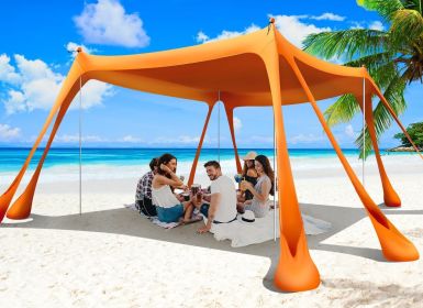 Beach Tent Sun Shelter 10x10ft Beach Canopy Easy Pop Up Sun Shade Portable UPF50+ with 8 Sandbags-2 Sand Shovel-4 Aluminum Poles-Ground Pegs for Outdo (Color: Orange   10x10 FT 4 Pole)