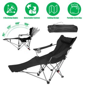 Reclining Camping Chair with Footrest 4-Position Adjustable Outdoor Folding Chair Heavy Duty Portable Camping Lounge Chair with Headrest Cup Holder & (Color: Black)